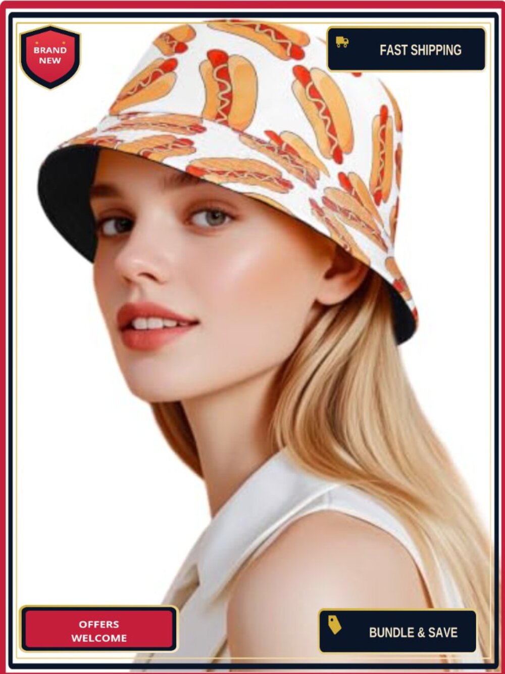 Reversible Bucket Hat Packable Fisherman Sun Cap Hot Dog Print